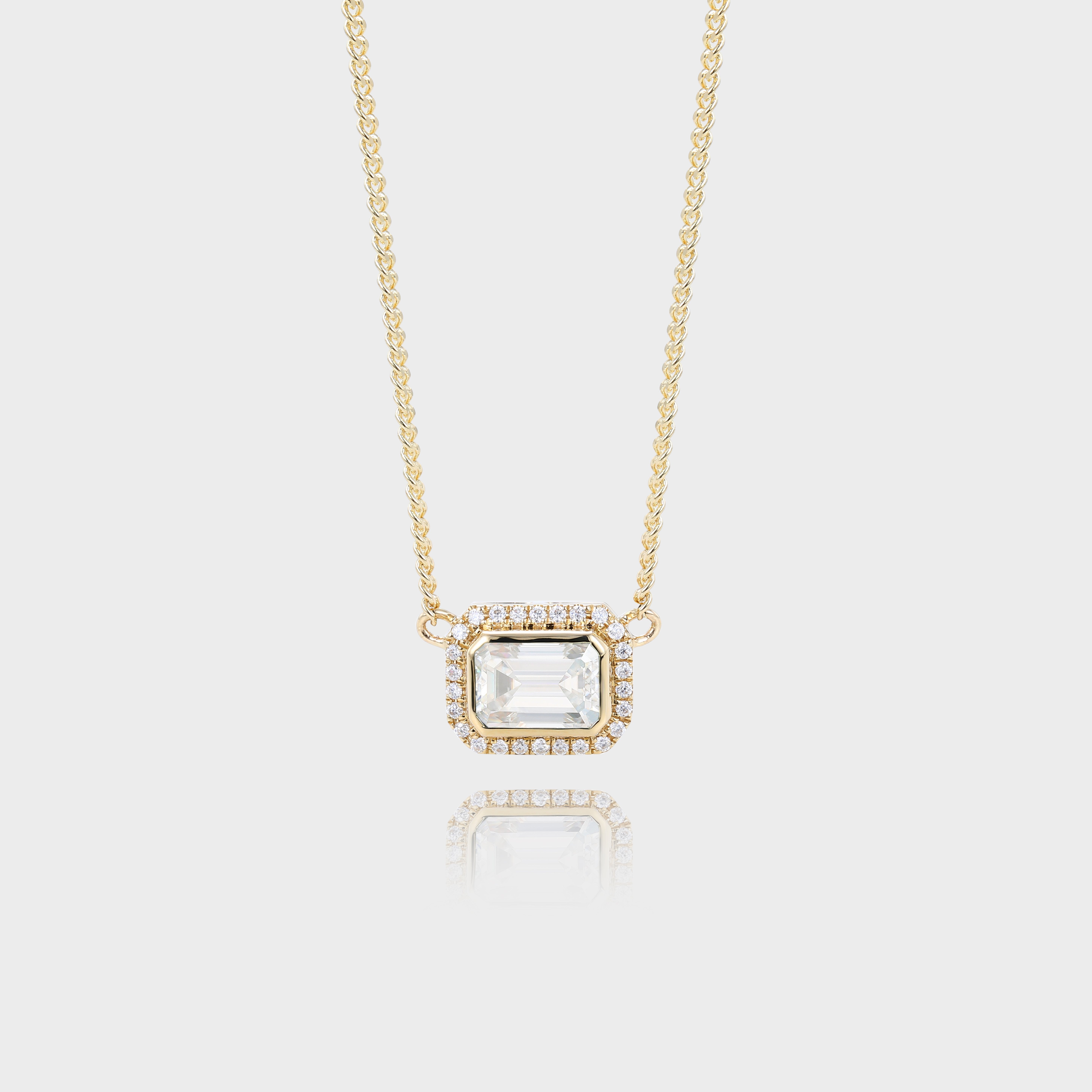 Vintage Bezel Emerald Cut Lab Diamond Halo Pendant Necklace With Curb Chain (1)