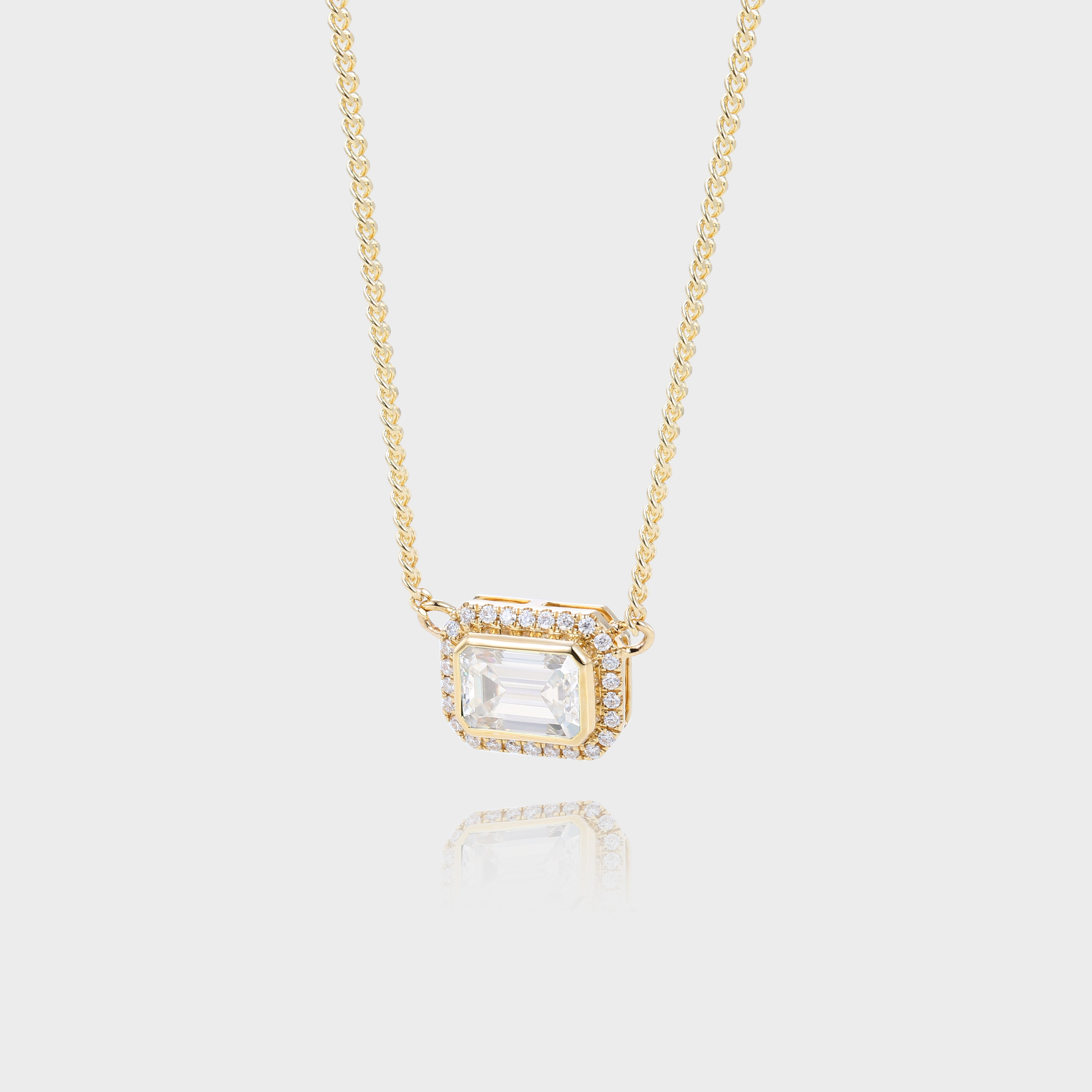 Vintage Bezel Emerald Cut Lab Diamond Halo Pendant Necklace With Curb Chain (3)