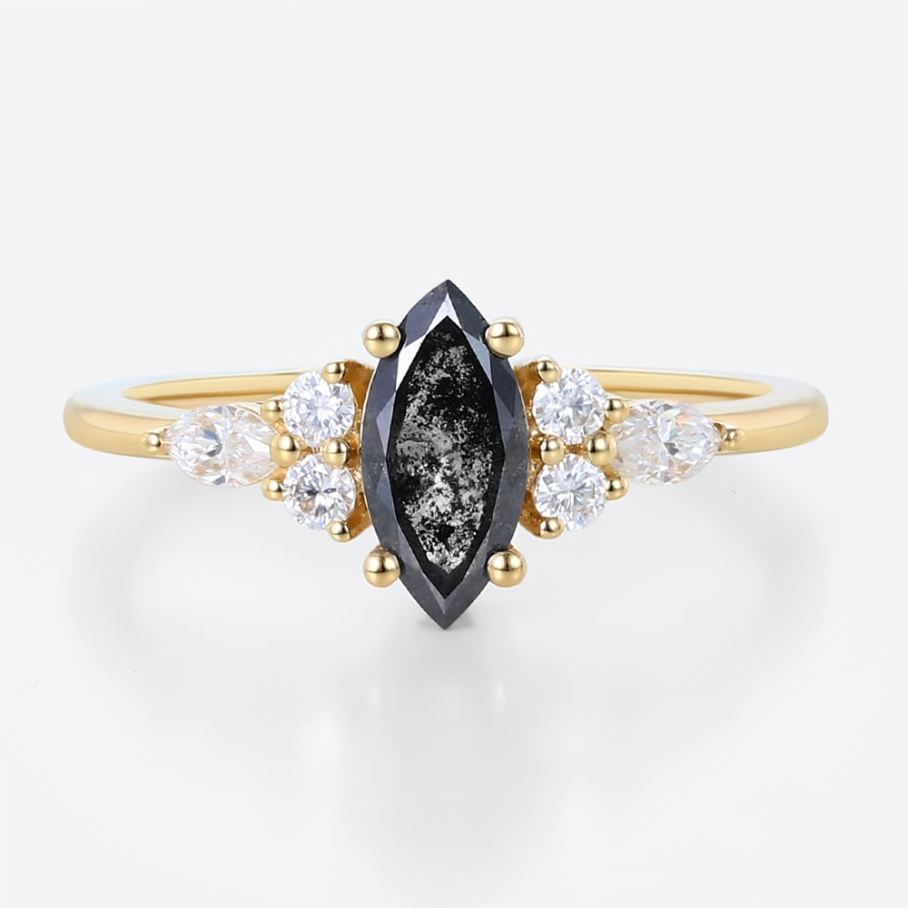 Yellow Gold 0.5ct Marquise Cut Salt & Pepper Diamond Cluster Engagement Ring