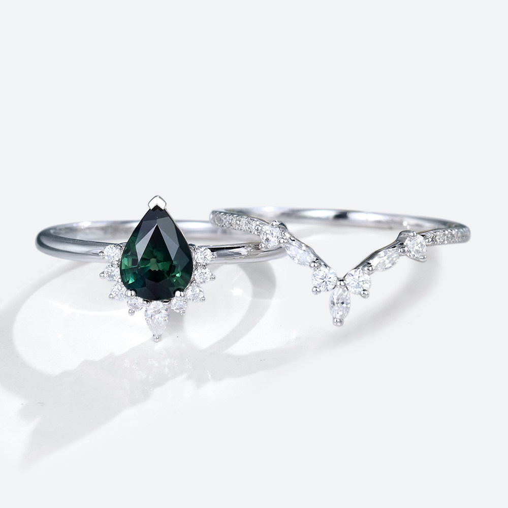 White Gold Pear Shaped Green Blue Sapphire Engagement Ring with Curved Wedding Band Set