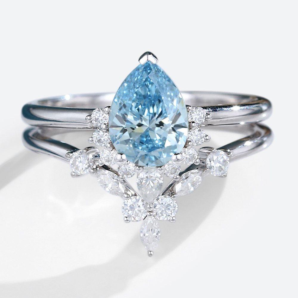 White Gold Lab Created Blue Diamond Pear Shaped Engagement Ring Set