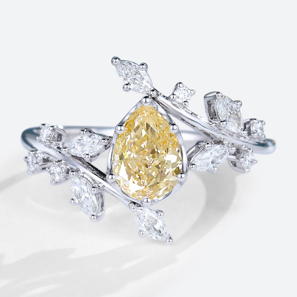 1ct Lab Yellow Diamond Engagement Ring Pear Shaped Leaf Art Deco Ring in White Gold