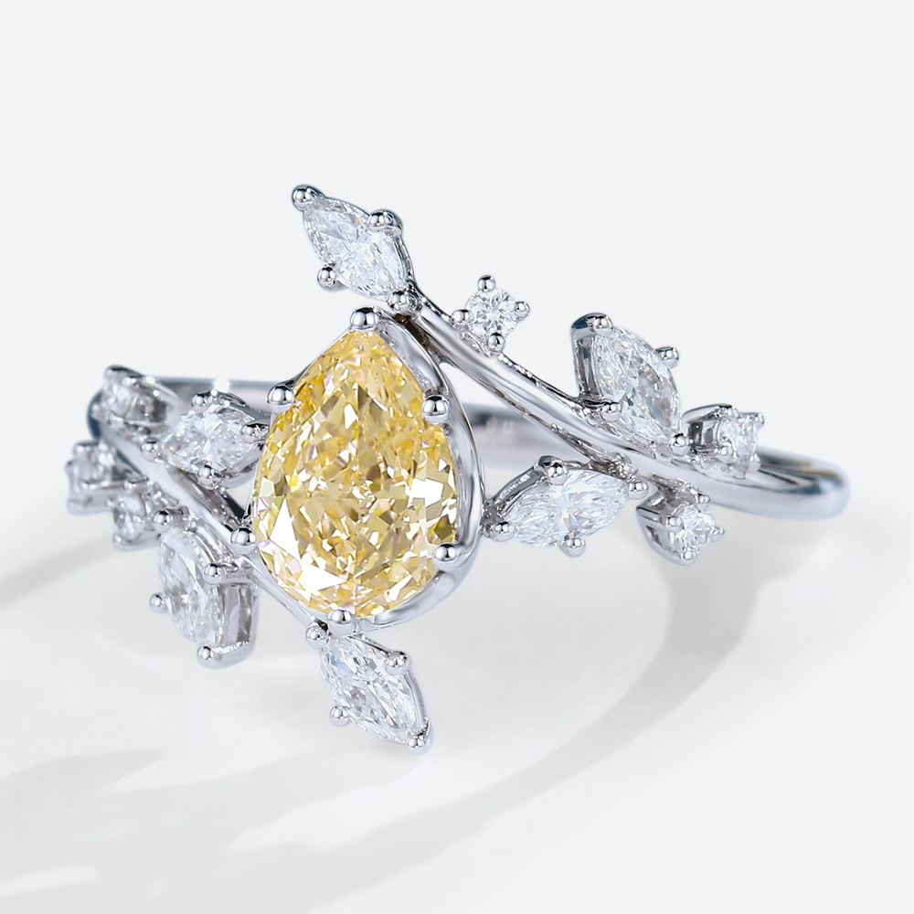 1ct Lab Yellow Diamond Engagement Ring Pear Shaped Leaf Art Deco Ring in White Gold