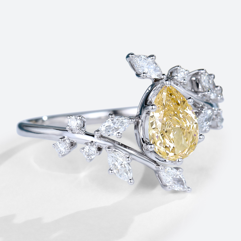 1ct Lab Yellow Diamond Engagement Ring Pear Shaped Leaf Art Deco Ring in White Gold