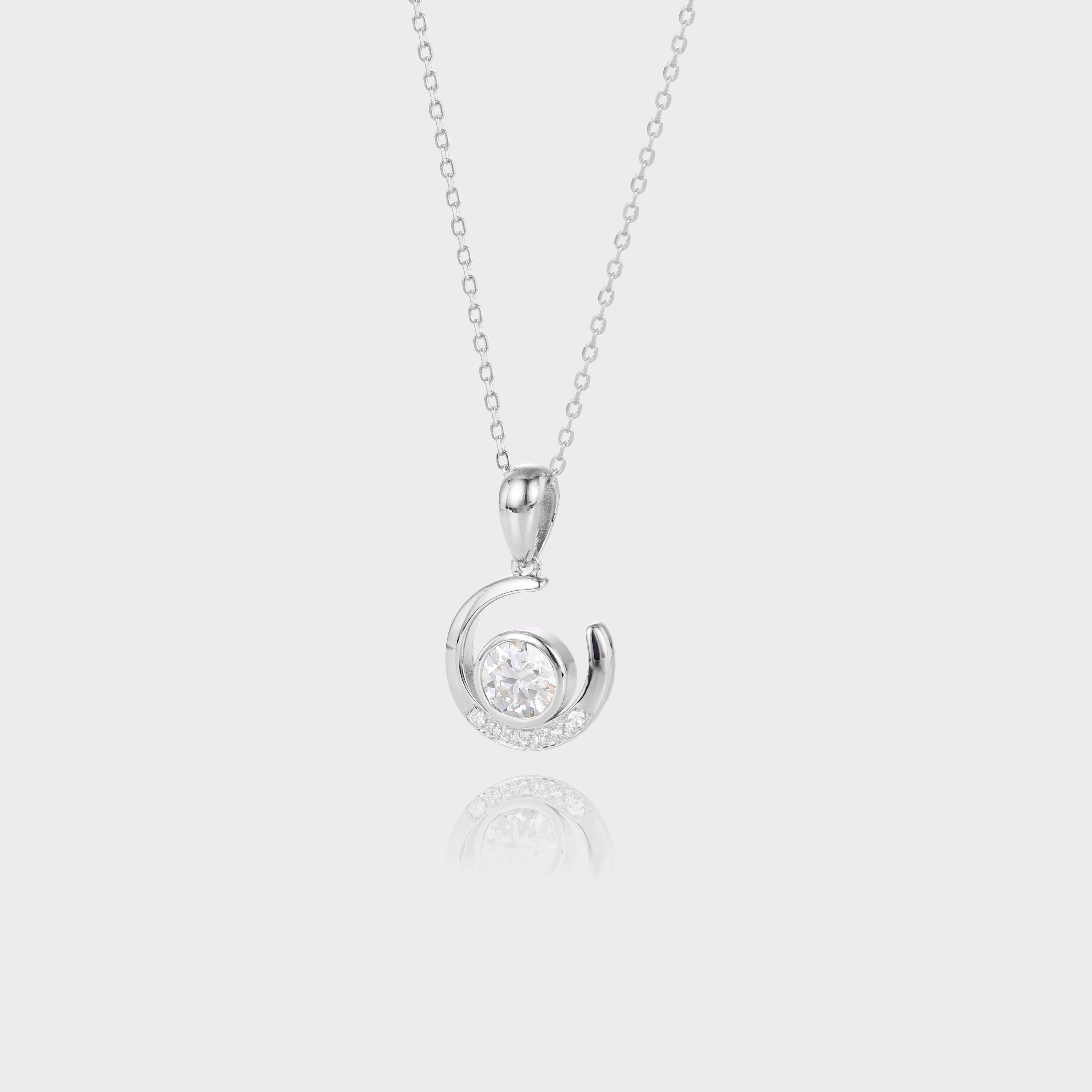 White Gold Round Cut Lab Diamond Pendant Necklace Bezel Crescent Pendant Necklace (2)