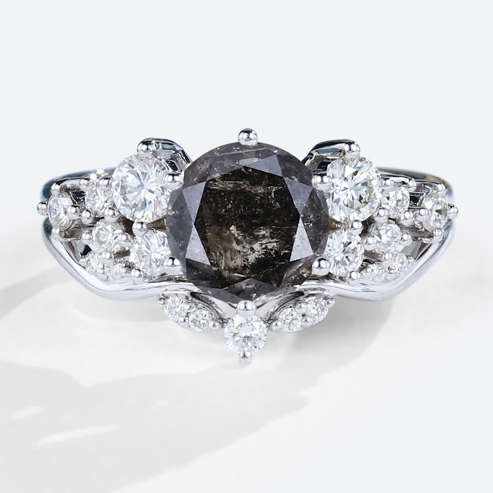 Gold Wedding Ring Sets Round Cut Salt & Pepper Diamond Women's Promise Rings