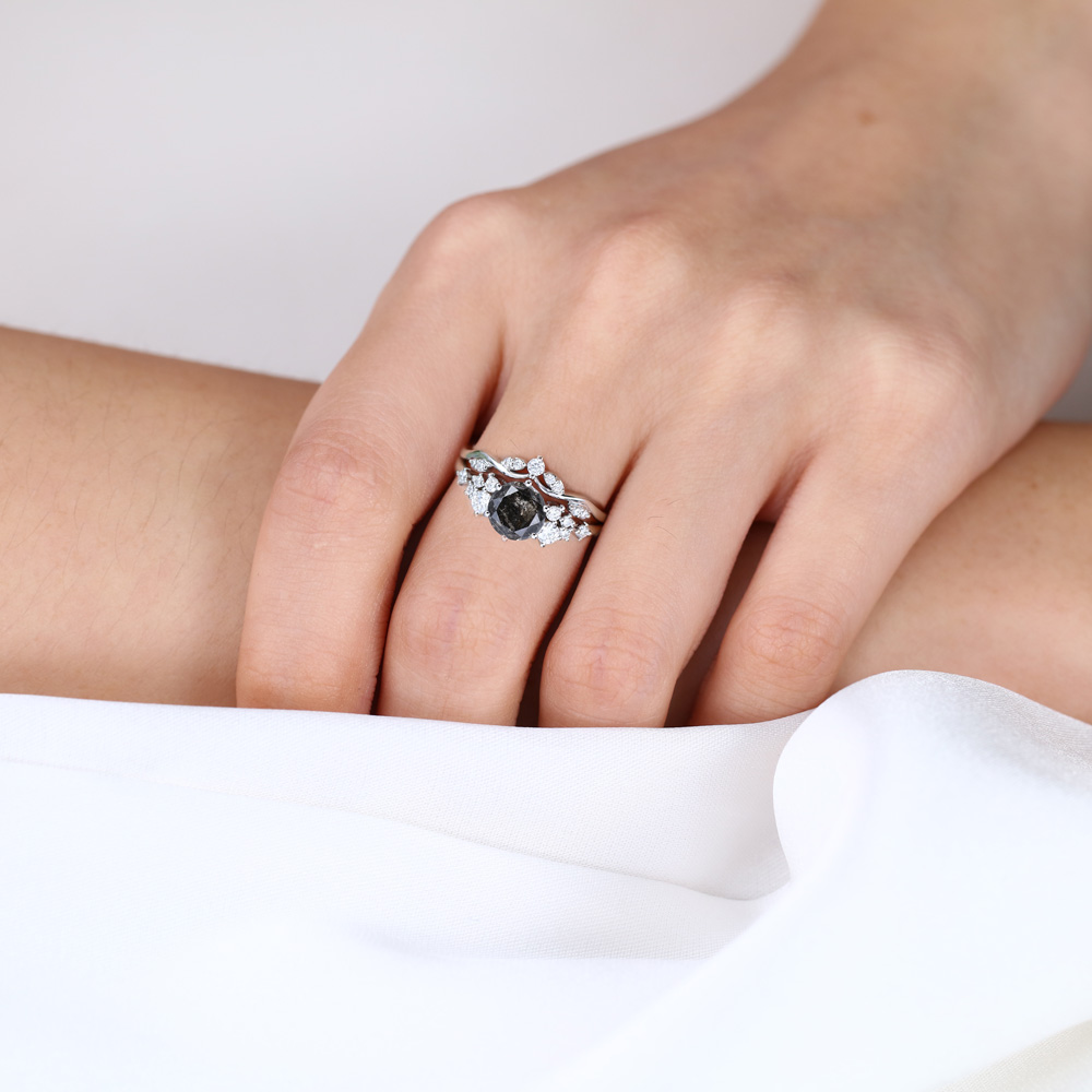 White Gold Wedding Ring Sets Round Cut Salt & Pepper Diamond Women's Promise Rings