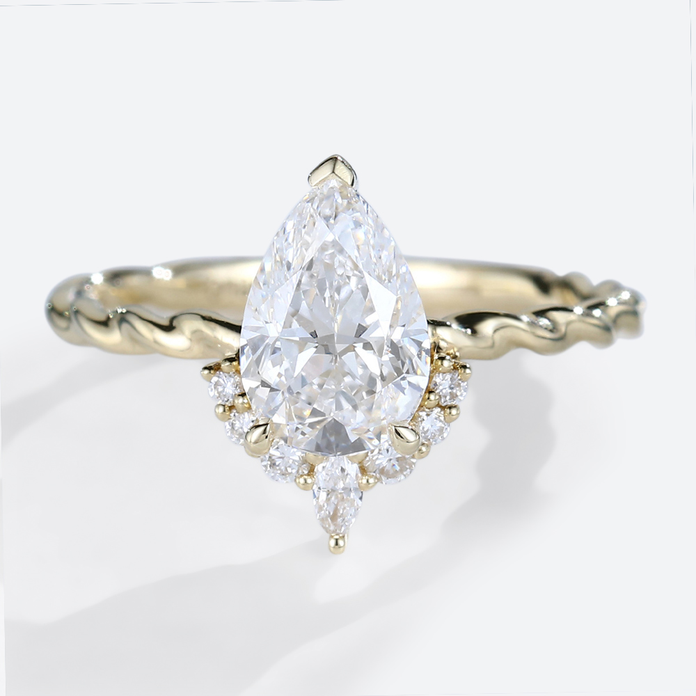 Pear Ring 1ct Lab Created Diamond Rings 3/4 Twisted 3-Prong Rings in Yellow Gold