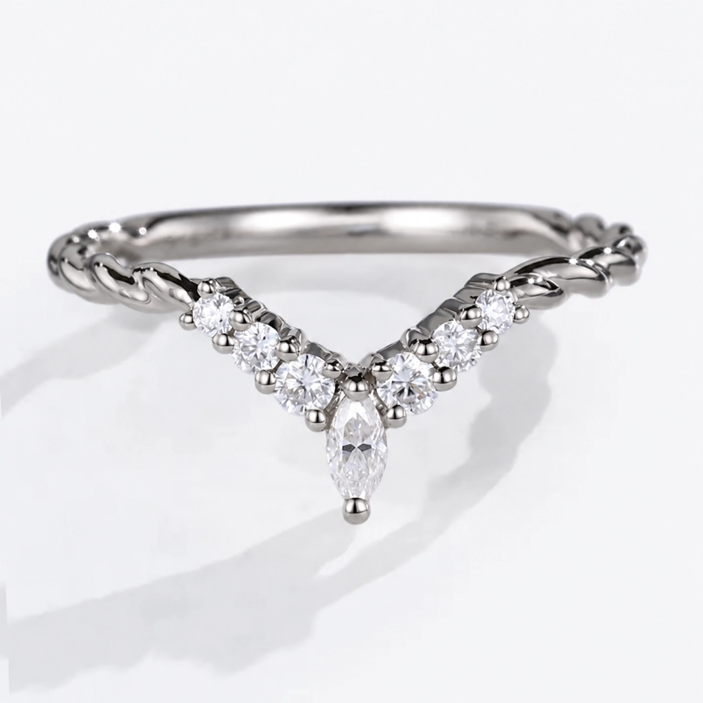Round and Marquise Cut Moissanite Three-Quarter Twisted Curved Wedding Band