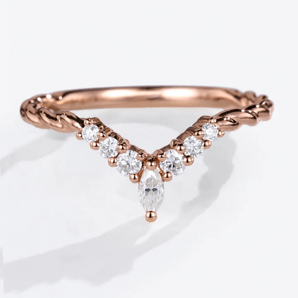 Round and Marquise Cut Moissanite Three-Quarter Twisted Curved Wedding Band