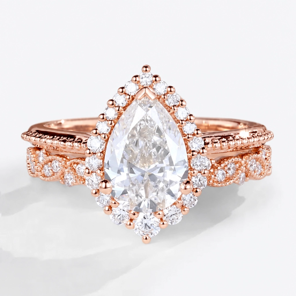 1.5ct Pear Cut Lab Grown Diamond Halo Bridal Ring Set in Yellow Gold