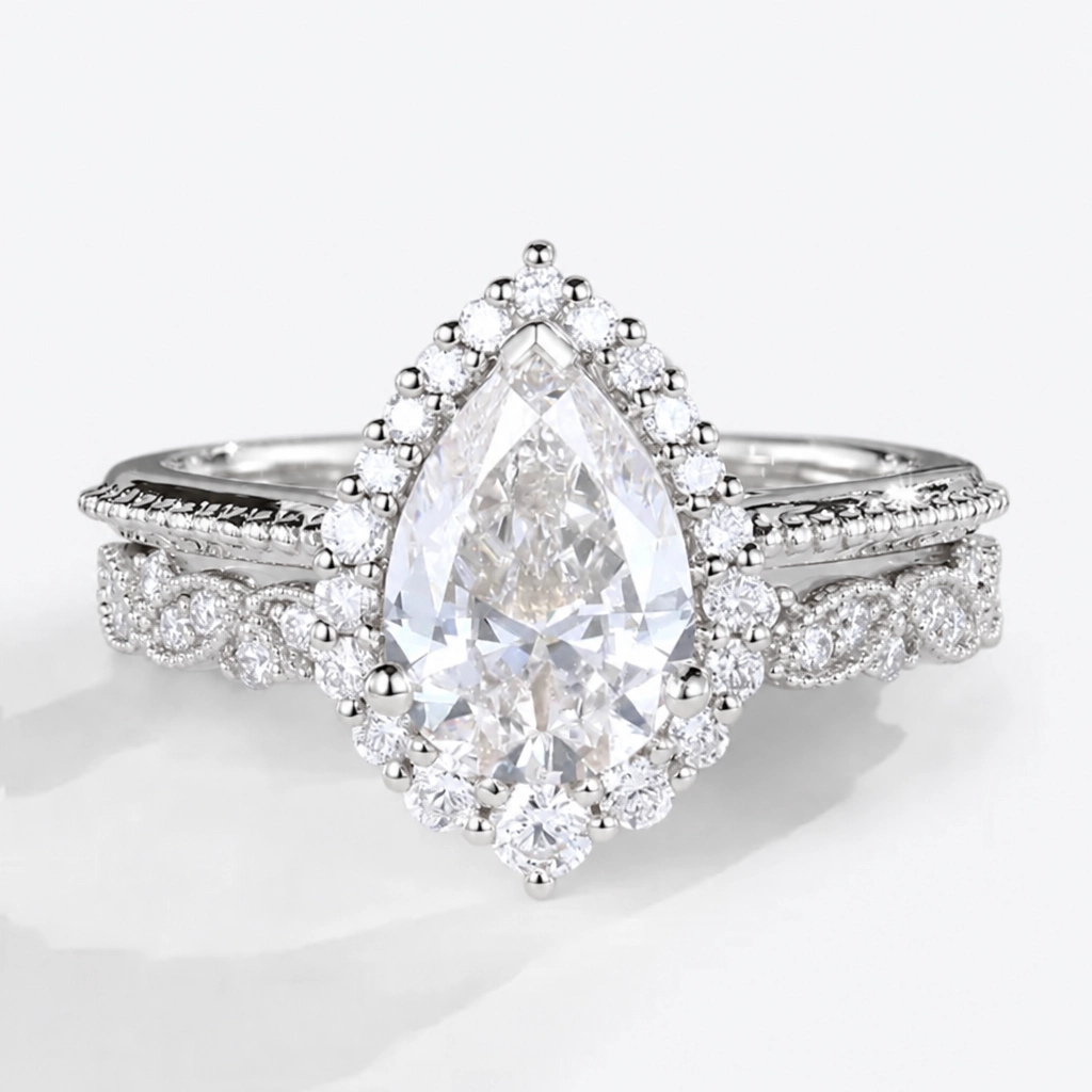 1.5ct Pear Cut Lab Grown Diamond Halo Bridal Ring Set in Yellow Gold