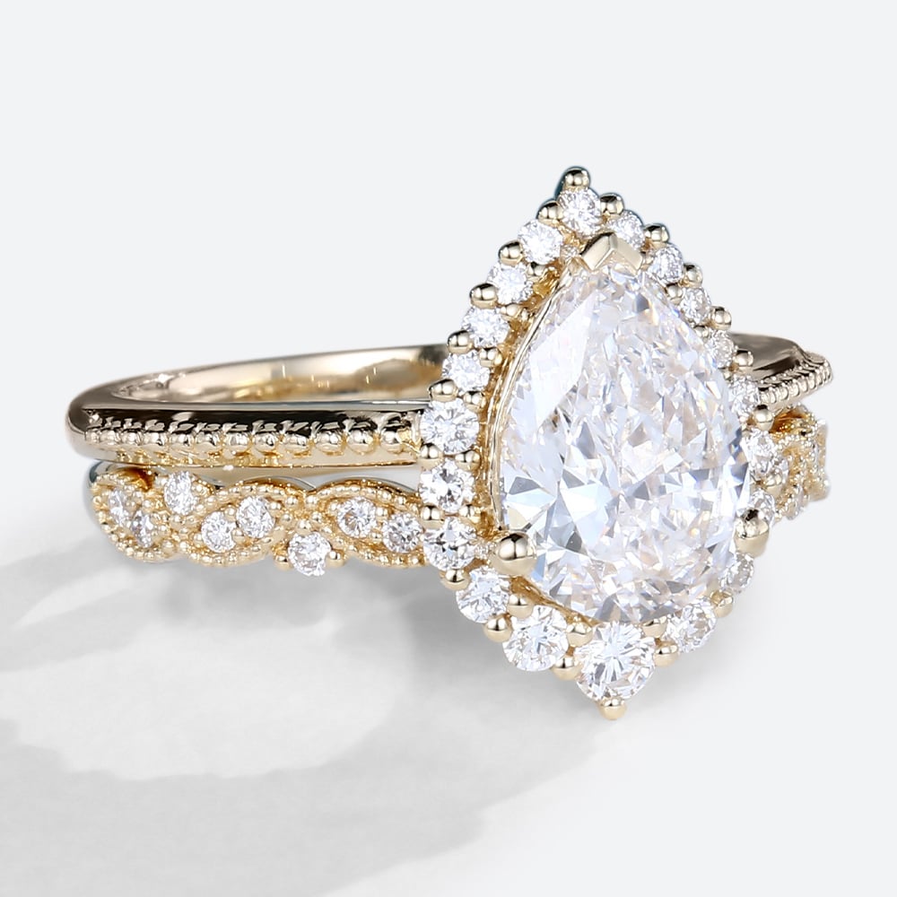 Yellow Gold Halo Pear Shaped Lab Diamond Engagement Ring with Diamond Ring Set (3)
