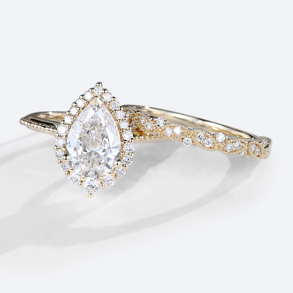 Yellow Gold Halo Pear Shaped Lab Diamond Engagement Ring with Diamond Ring Set (4)