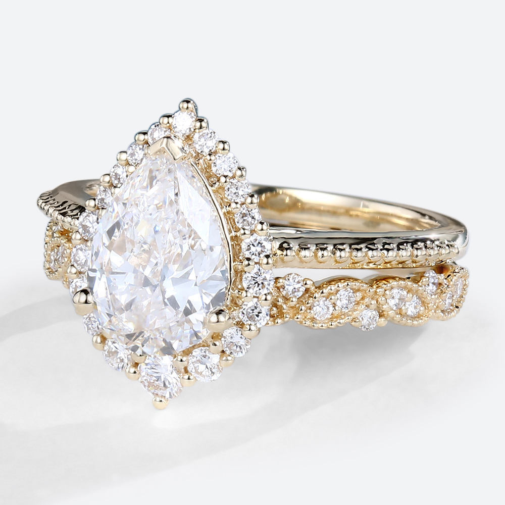 Yellow Gold Halo Pear Shaped Lab Diamond Engagement Ring with Diamond Ring Set (5)