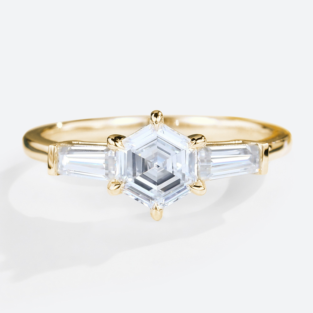 3 Stone Engagement Ring Hexagon Cut 1 Carat Lab Grown Diamond Ring