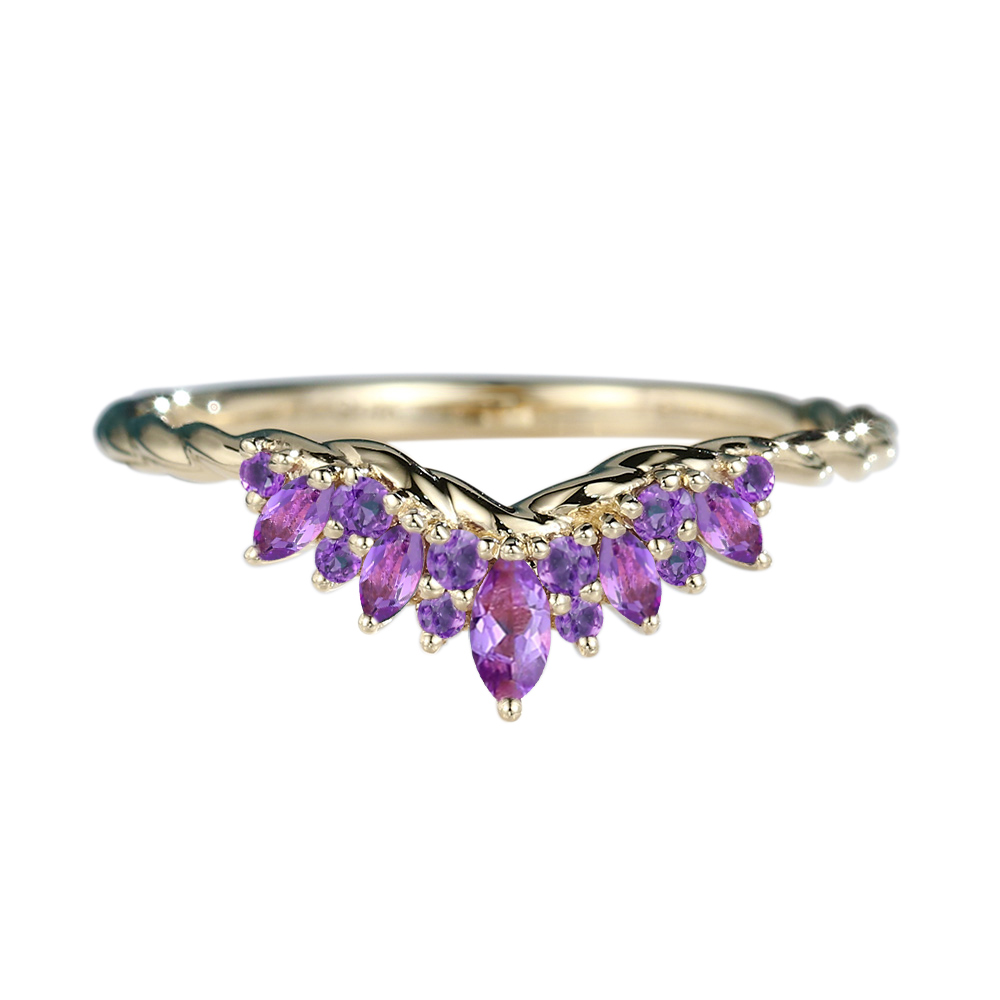 Yellow Gold Marquise Cut Amethyst Wedding Ring​ Twisted Curved Wedding Band