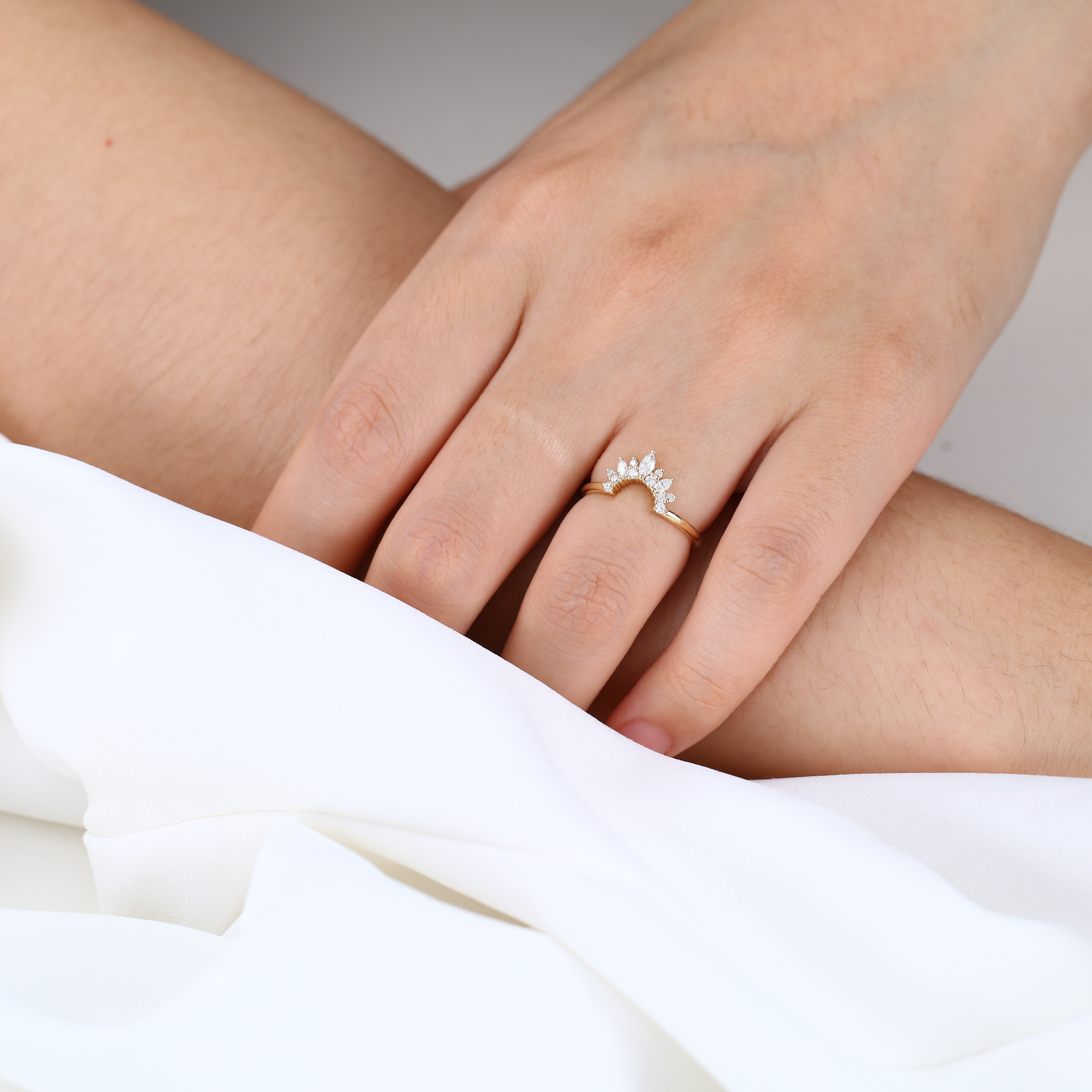 Curved Lab Created Diamond Rings​ 0.25ct Marquise Cut Wedding Band in Yellow Gold