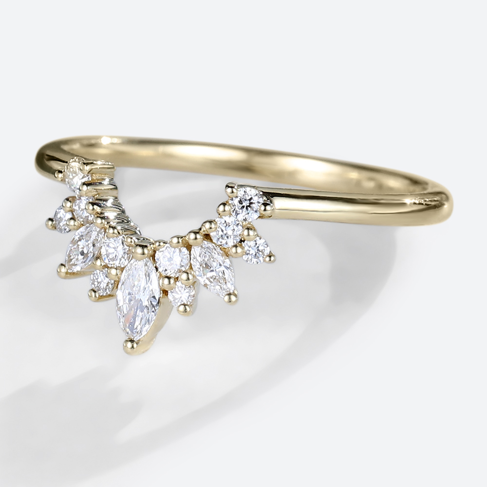 Curved Lab Created Diamond Rings​ 0.25ct Marquise Cut Wedding Band in Yellow Gold