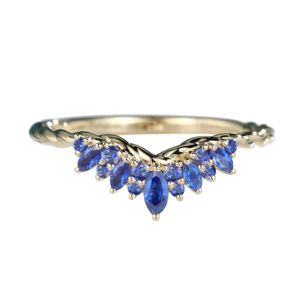Vintage Lab Sapphire Rings Marquise Cut Twisting Curved Ring in Yellow Gold