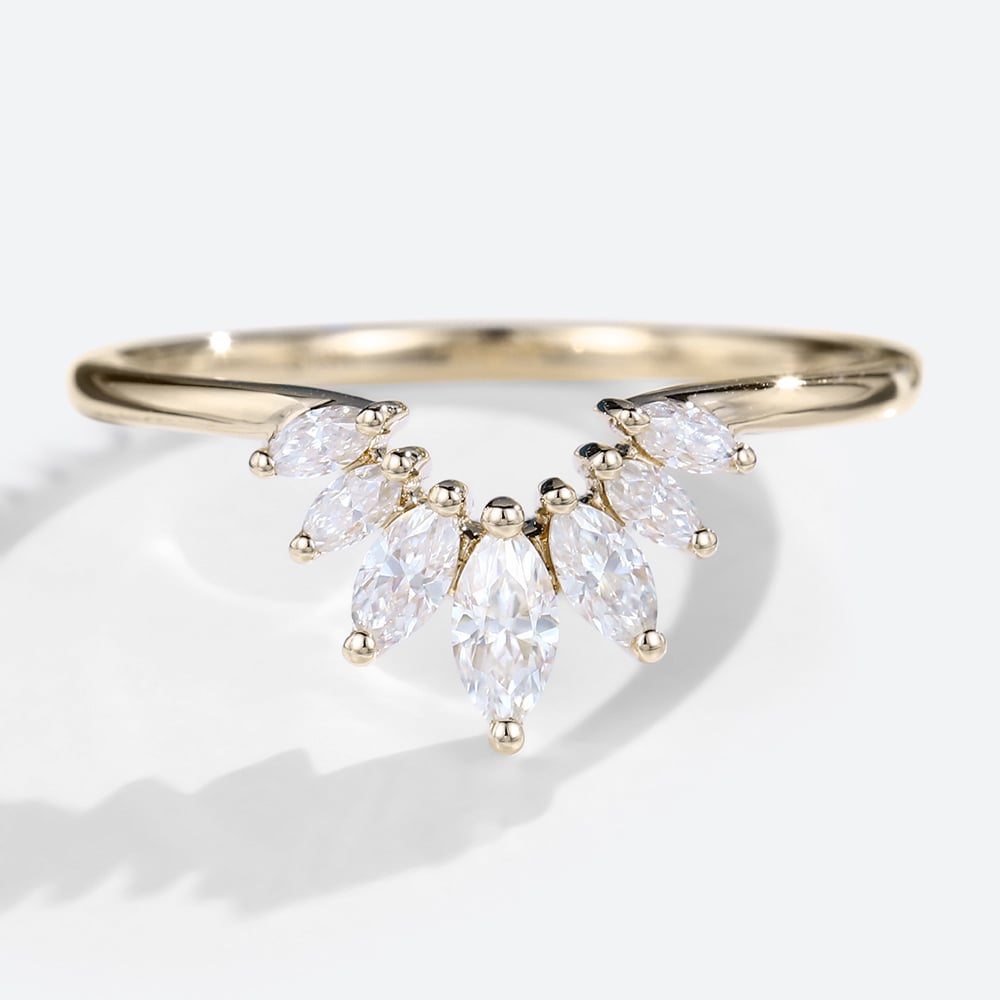 Yellow Gold Marquise Cut Moissanite Rings Curved Wedding Band