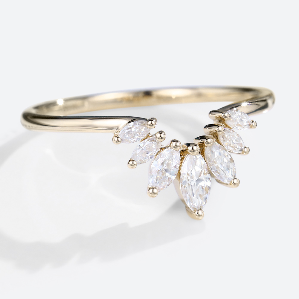 Yellow Gold Marquise Cut Moissanite Rings Curved Wedding Band