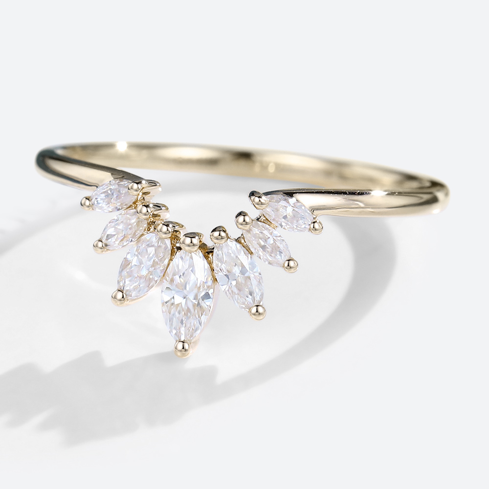 Yellow Gold Marquise Cut Moissanite Rings Curved Wedding Band
