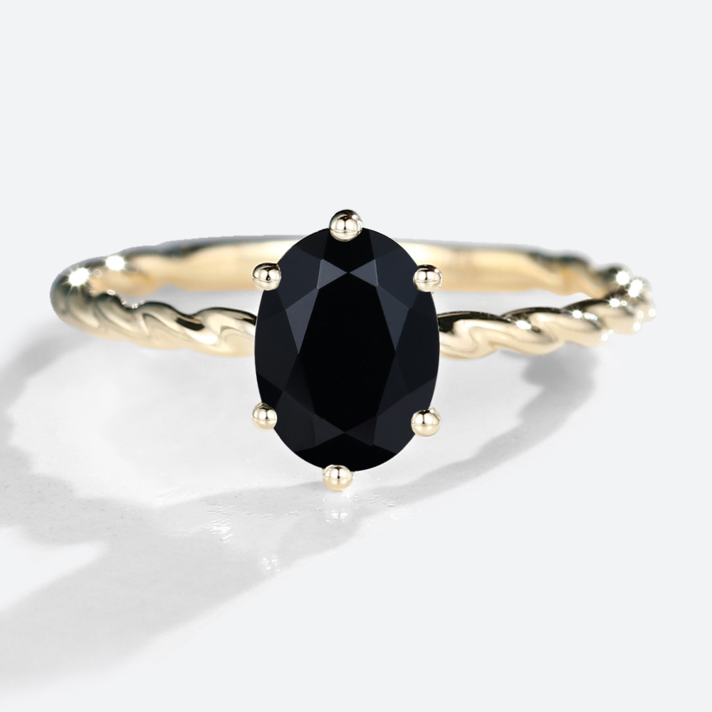 Yellow Gold Oval Cut Black Onyx Twisted Engagement Ring