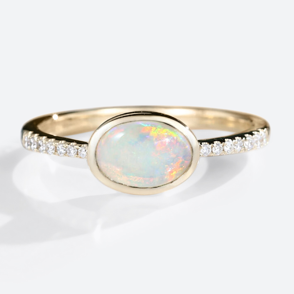 Yellow Gold Oval Cut Opal Rings Bezel Engagement Ring Half Eternity Pave Opal Ring