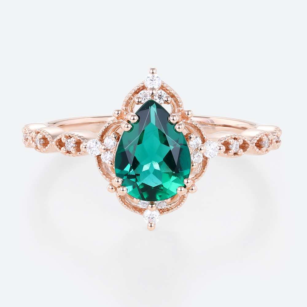 Yellow Gold Pear Shaped Lab Emerald Ring Halo Engagement Rings Milgrain Anniversary Rings Promise Ring