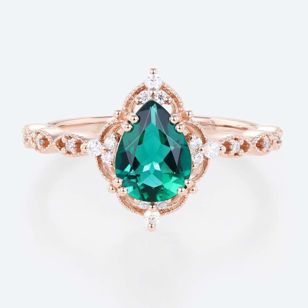 Rose Gold Pear Shaped Lab Emerald Ring Halo Engagement Rings Milgrain Anniversary Rings Promise Ring