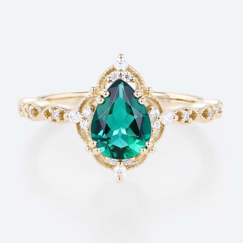 Yellow Gold Pear Shaped Lab Emerald Ring Halo Engagement Rings Milgrain Anniversary Rings Promise Ring (3)