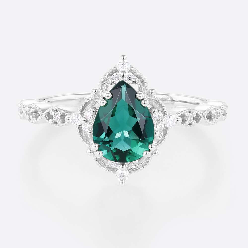 White Gold Pear Shaped Lab Emerald Ring Halo Engagement Rings Milgrain Anniversary Rings Promise Ring (4)