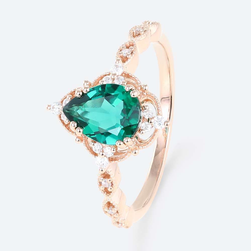 Rose Gold Pear Shaped Lab Emerald Ring Halo Engagement Rings Milgrain Anniversary Rings Promise Ring