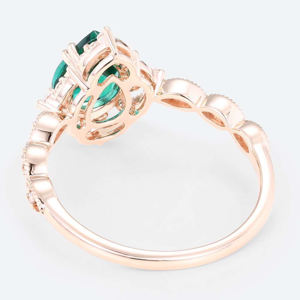 Rose Gold Pear Shaped Lab Emerald Ring Halo Engagement Rings Milgrain Anniversary Rings Promise Ring