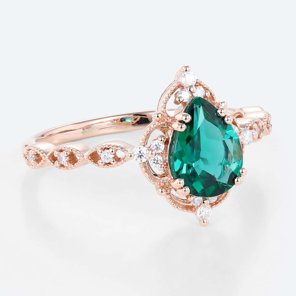 Rose Gold Pear Shaped Lab Emerald Ring Halo Engagement Rings Milgrain Anniversary Rings Promise Ring