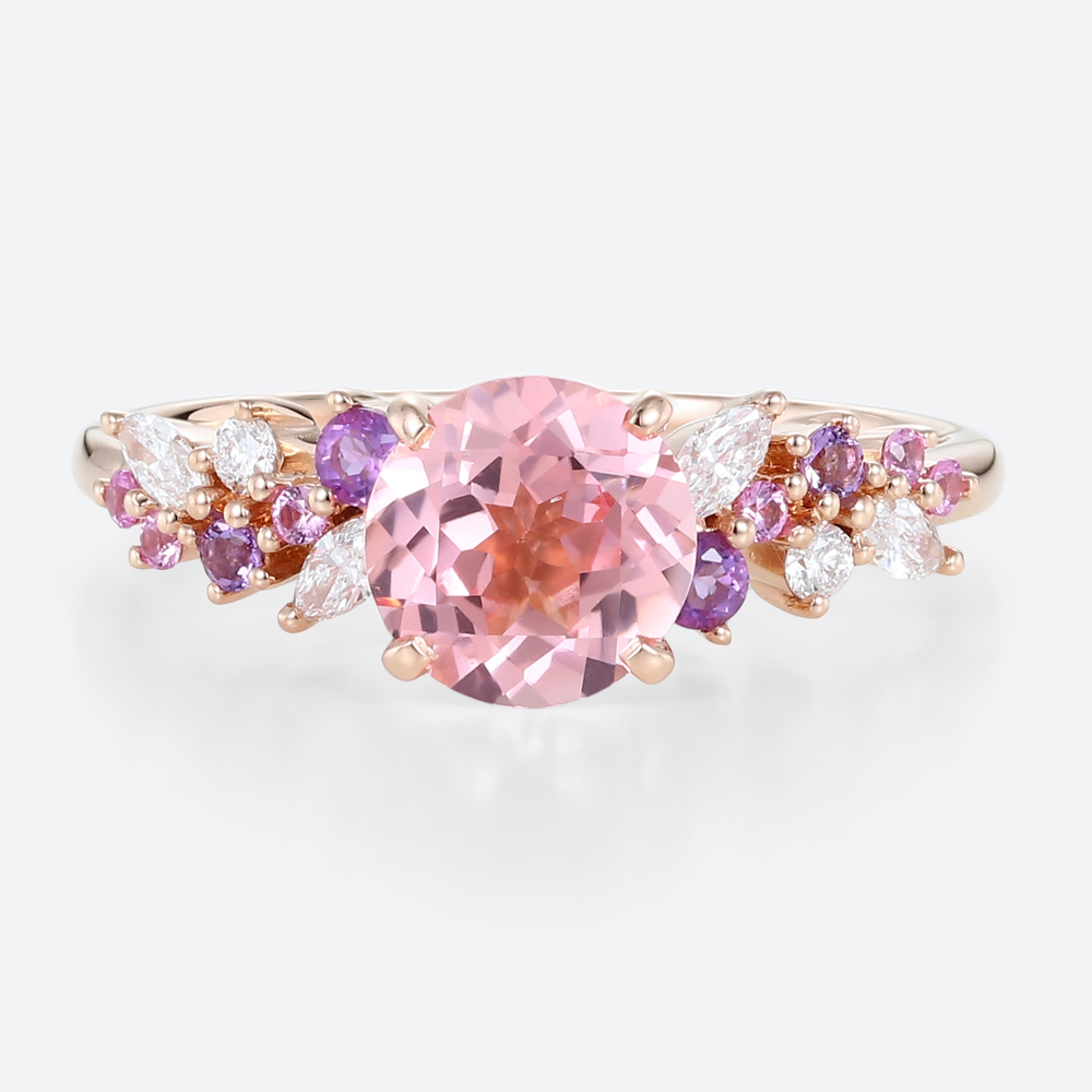 Yellow Gold Round Cut Pink Sapphire Cluster Engagement Ring Nature-inspired Rings Promise Ring (1)