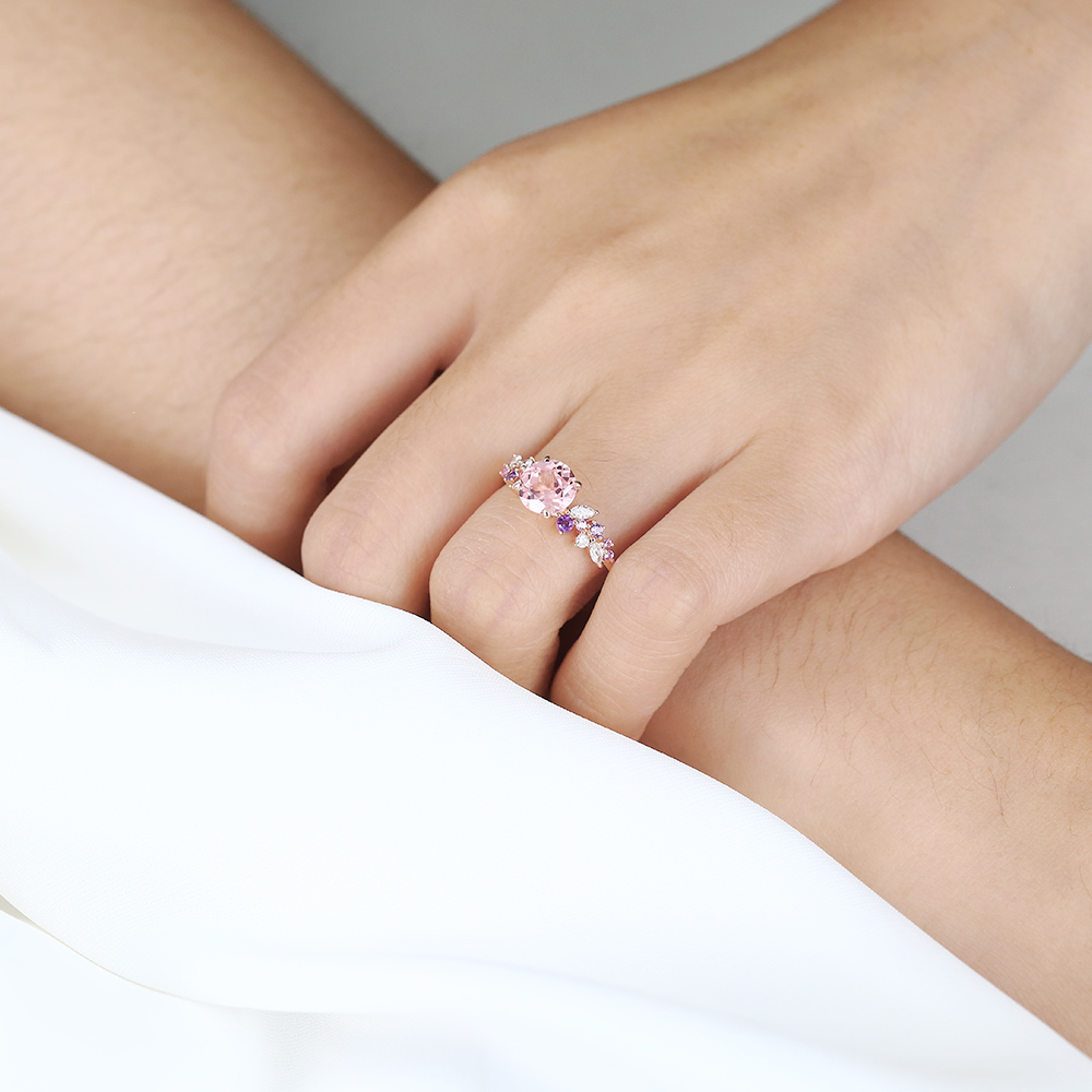 Yellow Gold Round Cut Pink Sapphire Cluster Engagement Ring Nature-inspired Rings Promise Ring (2)