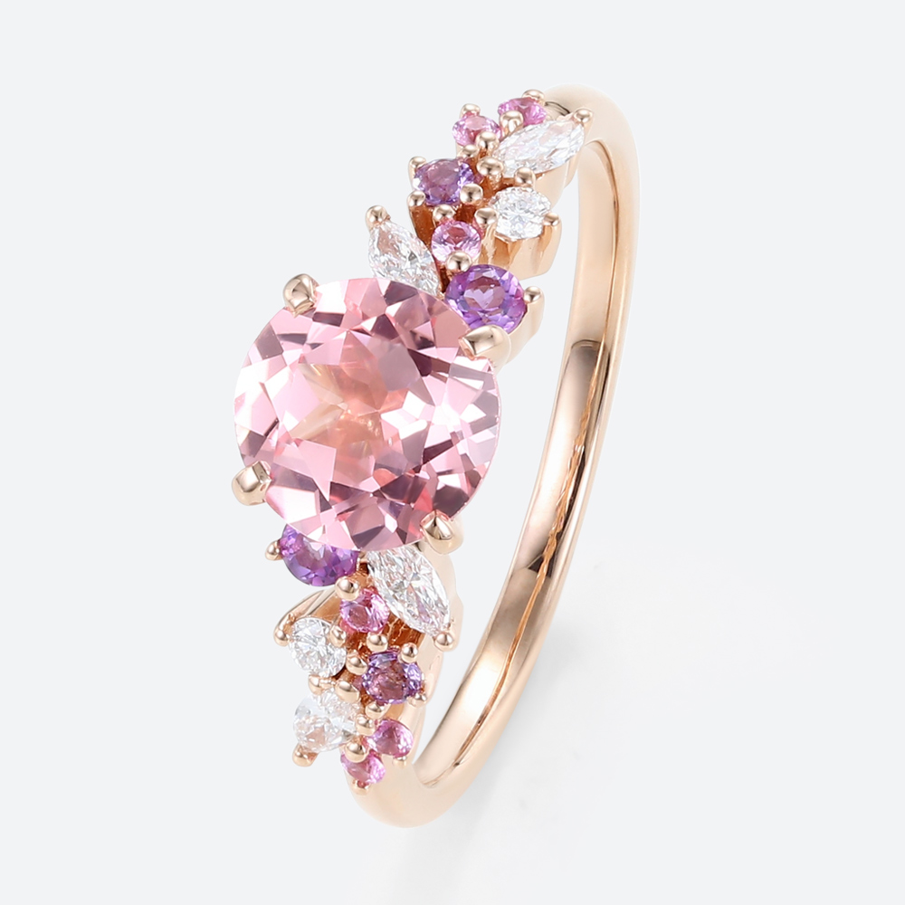 Yellow Gold Round Cut Pink Sapphire Cluster Engagement Ring Nature-inspired Rings Promise Ring (3)