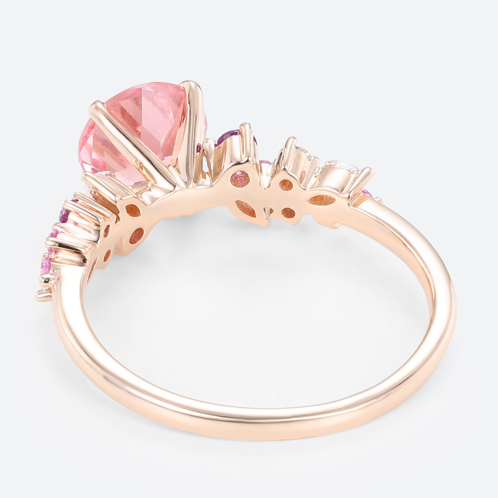 Yellow Gold Round Cut Pink Sapphire Cluster Engagement Ring Nature-inspired Rings Promise Ring (4)