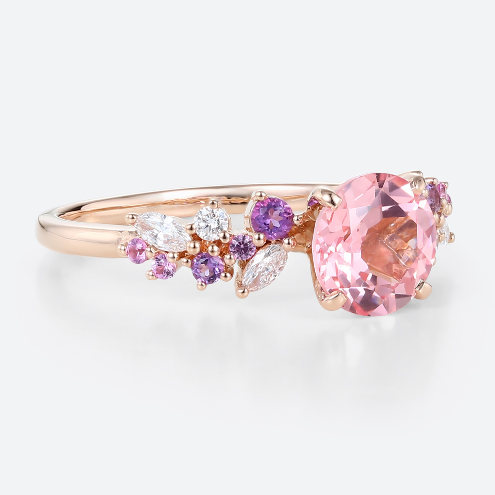 Yellow Gold Round Cut Pink Sapphire Cluster Engagement Ring Nature-inspired Rings Promise Ring (5)