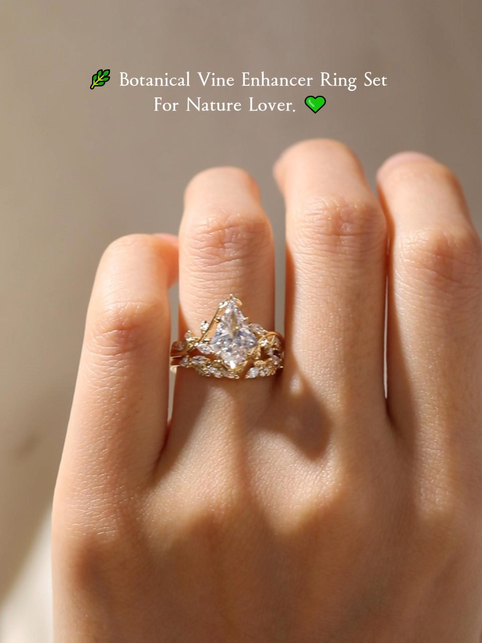 2ct Kite Cut Lab Grown Diamond Botanical Vine Bridal Ring Set in Yellow Gold