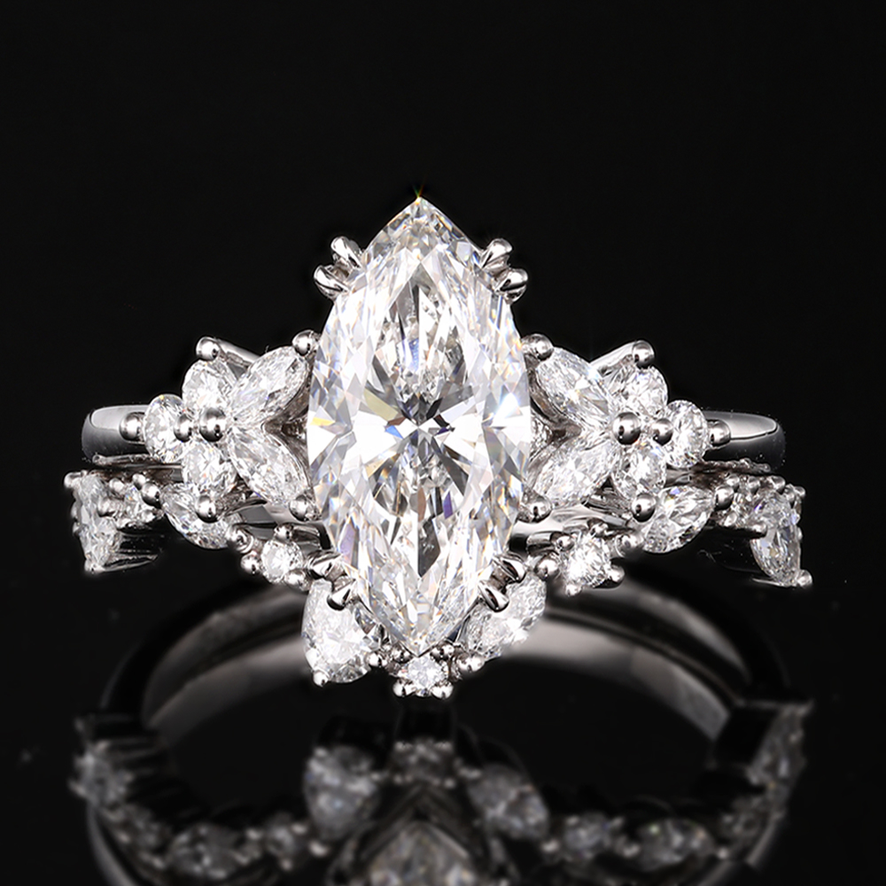 2ct Marquise Cut Lab Grown Diamond Petal Cluster Bridal Ring Set with Mixed-Cut Curved Band in Yellow Gold