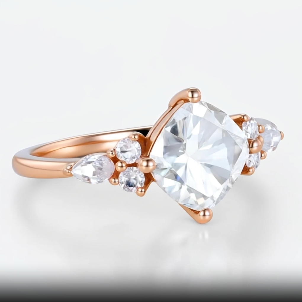 2ct Cushion Cut Lab Grown Diamond Marquise Fan Cluster Engagement Ring in Rose Gold