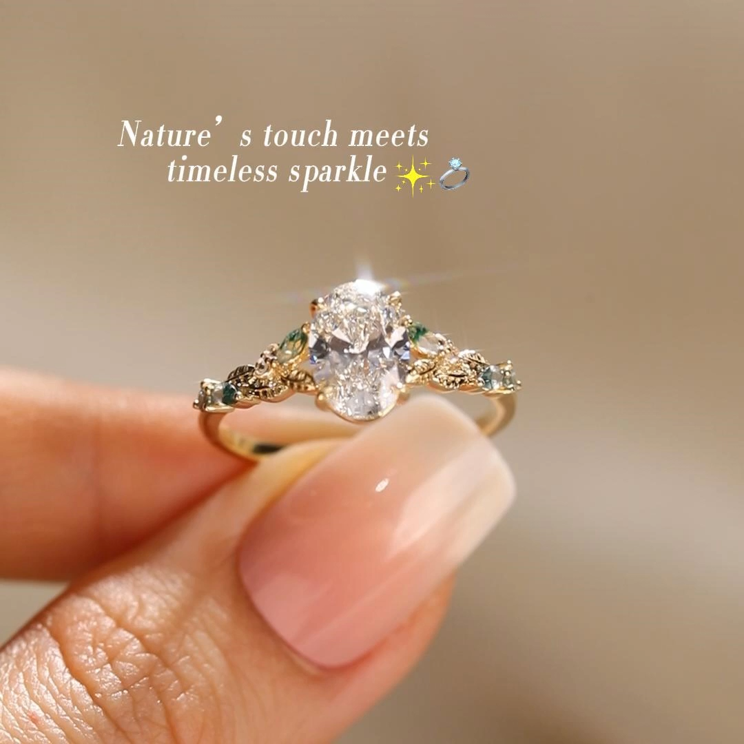 1.5ct Oval Cut Lab Grown Diamond Leaf Side-Stone Engagement Ring in Yellow Gold