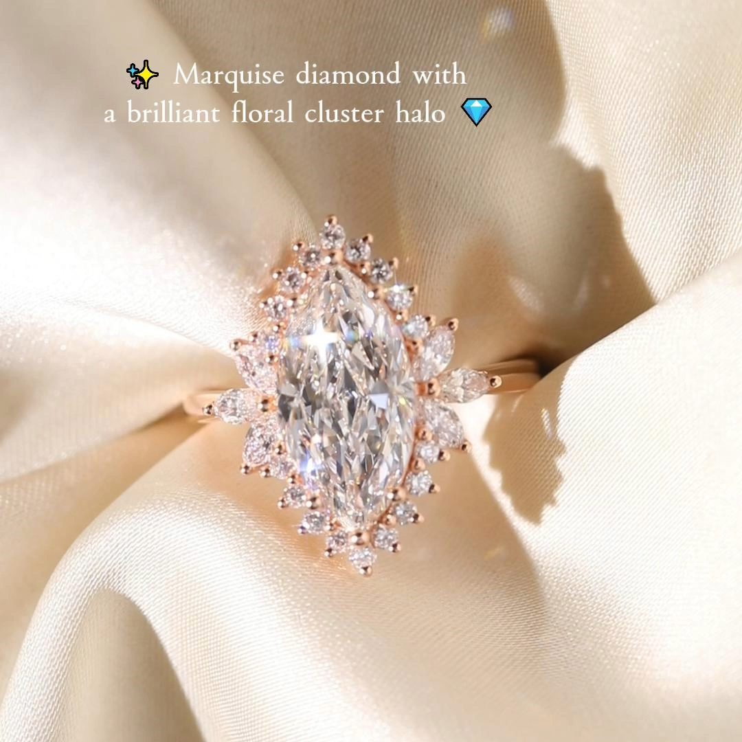 3ct Marquise Cut Lab Grown Diamond Floral Halo Engagement Ring in Yellow Gold