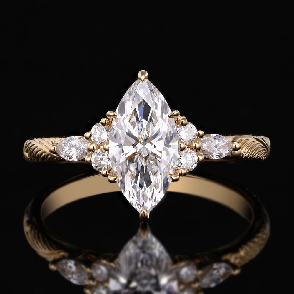 1ct Marquise Cut Lab Grown Diamond Engraved Band Engagement Ring in Yellow Gold