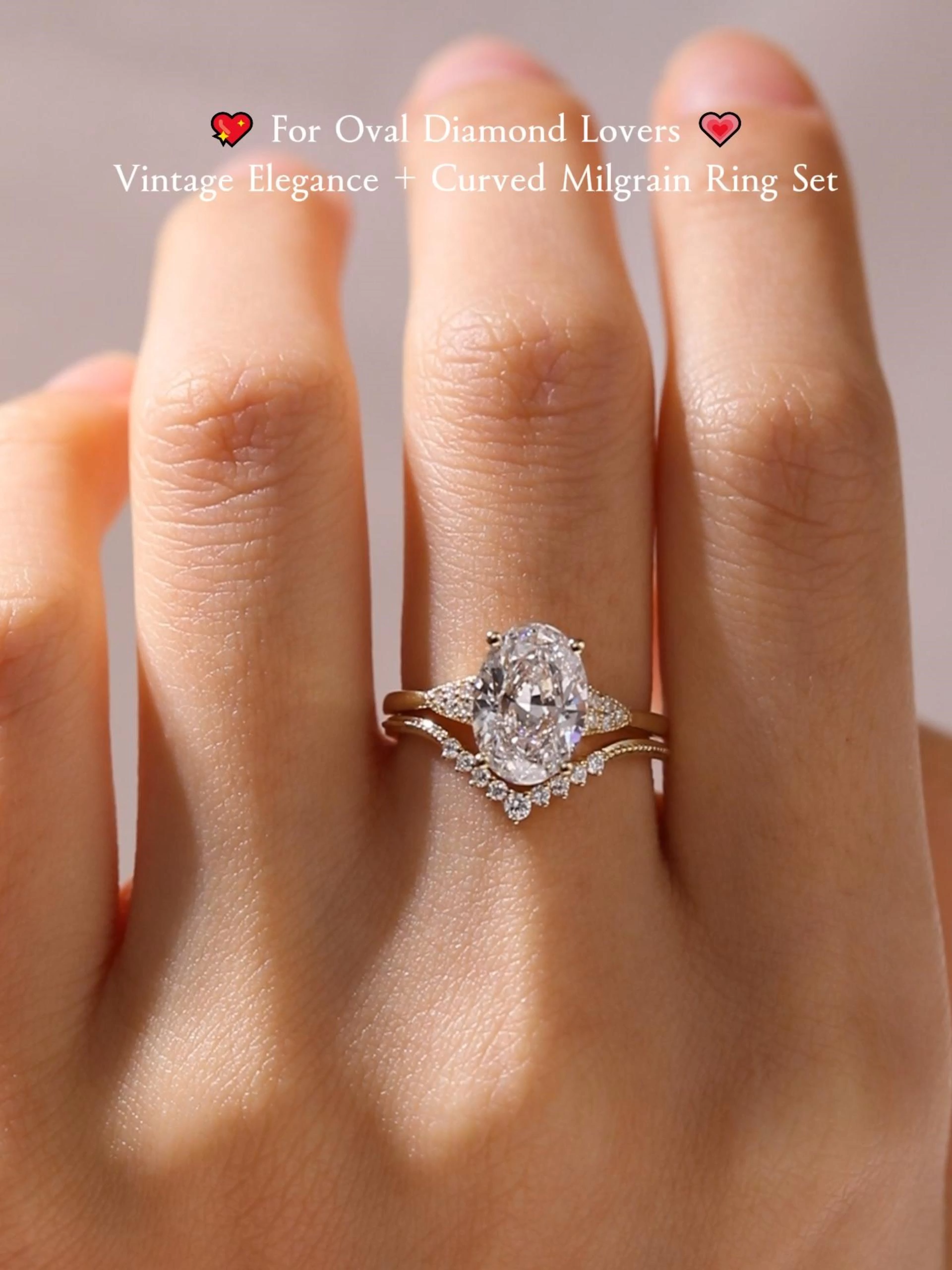 2ct Oval Cut Lab Grown Diamond Milgrain Contour Bridal Ring Set in Yellow Gold