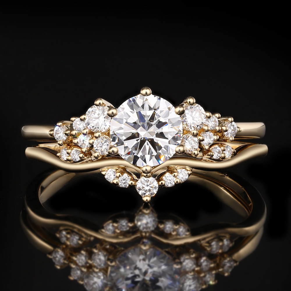 1ct Round Cut Lab Grown Diamond Floral Cluster Bridal Ring Set in Yellow Gold