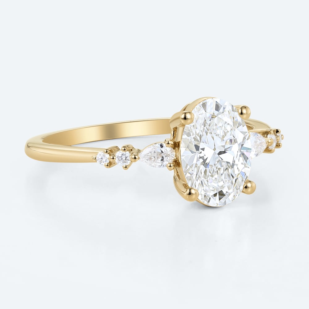 1ct Oval Cut Lab Grown Diamond Twin Pear Side-Stone Cluster Engagement Ring in Yellow Gold